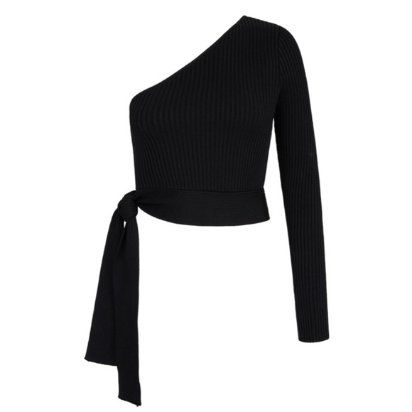 NWT RARE AYA MUSE Zircon Asymmetric Ribbed Knit Top in Black Size Extra Small - Picture 2 of 4